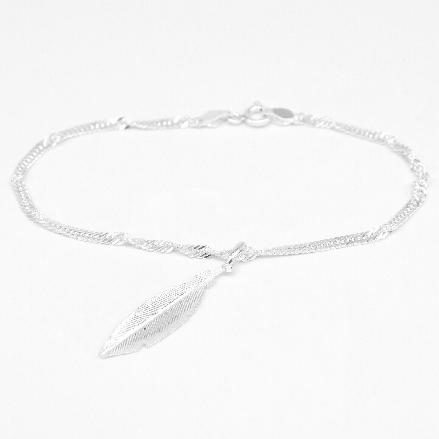 Genuine 925 Sterling Silver Singapore Chain Bracelet W/ Feather Charm