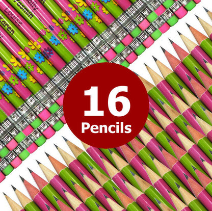 PINK & GREEN GIRLS HB PENCILS WITH RUBBER TIP HQ LEAD GREAT FOR SCHOOL KIDS