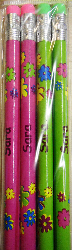 Set of 4 Pack Girls Personalised Pencils with Rubber Kid Child Name A-V Her Gift