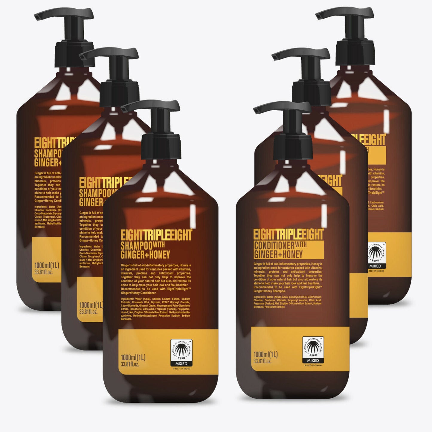 EightTripleEight Ginger + Honey Hair Care Set- 3x Shampoo & 3x Conditioner 1L