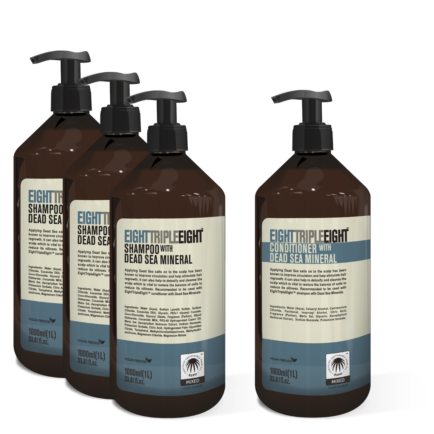 EightTripleEight Dead Sea Mineral Hair Care Set- 3x Shampoo & 1x Conditioner 1L