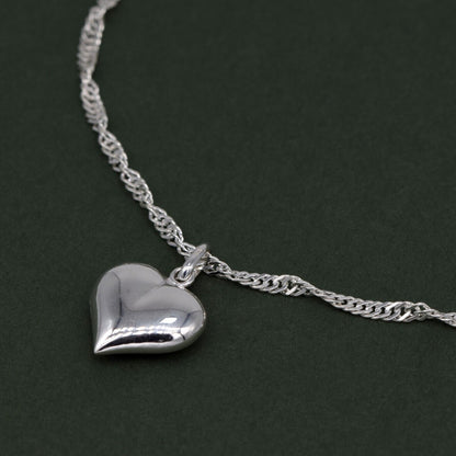 Genuine 925 Sterling Silver 10" Singapore Chain Anklet With Puffed Heart Pendant