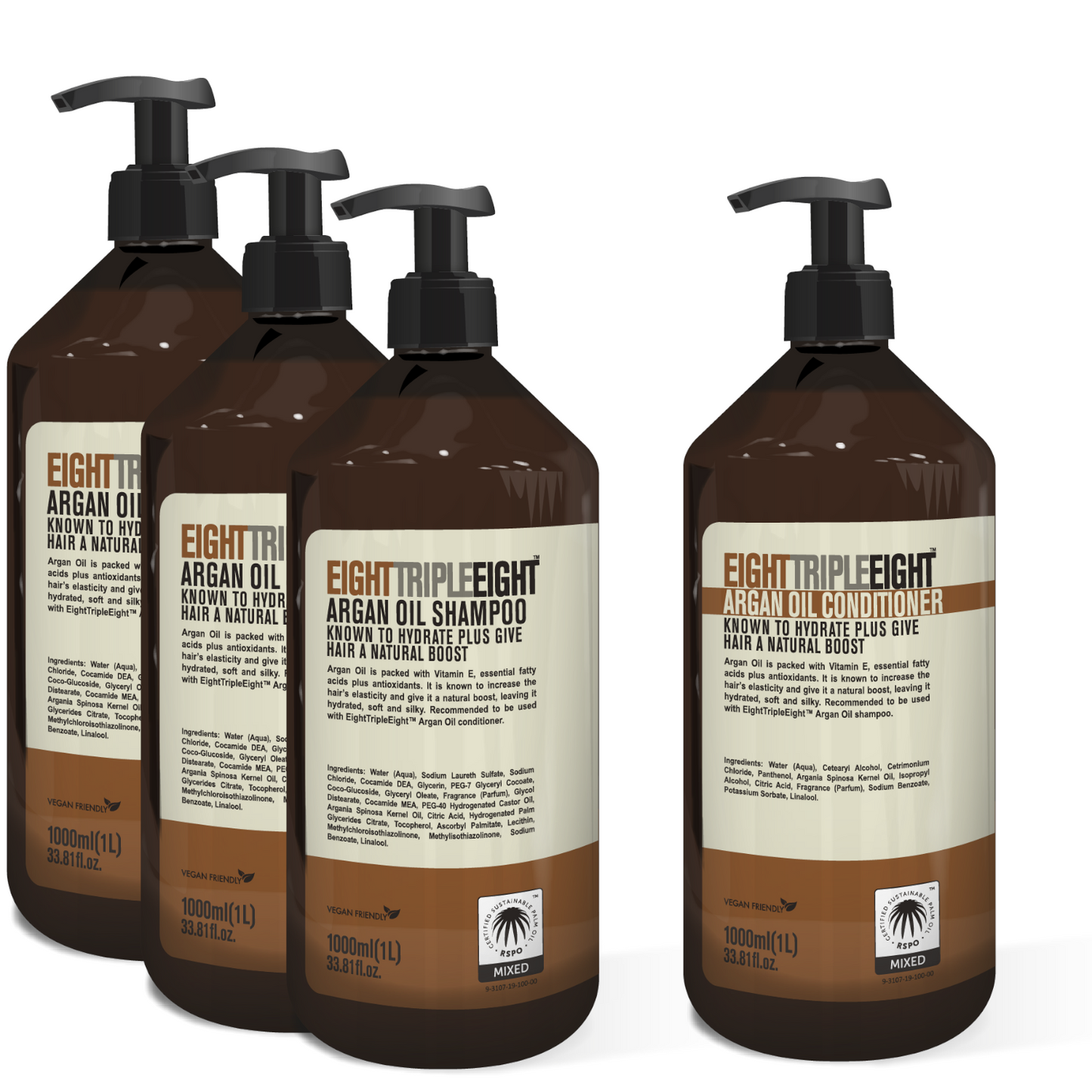 EightTripleEight Argan Oil Hair Care Set- 3x Shampoo & 1x Conditioner - 1L