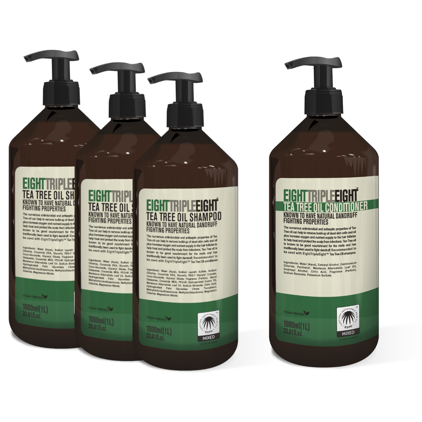 EightTripleEight Tea Tree Oil Hair Care Set- 3x Shampoo & 1x Conditioner 1L