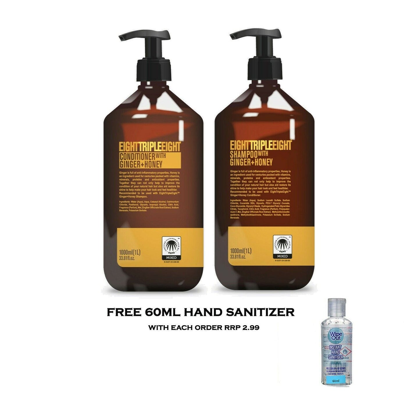 EightTripleEight Ginger + Honey Hair Care Set- 1L Shampoo & 1L Conditioner